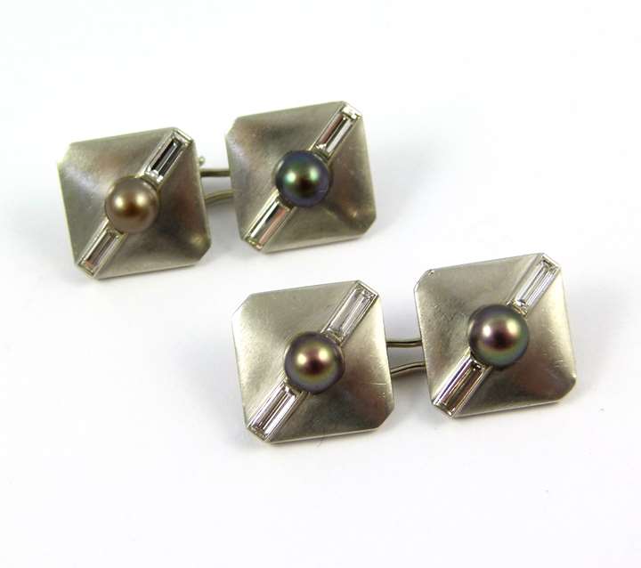 Pair of platinum, natural coloured pearl and diamond cufflinks